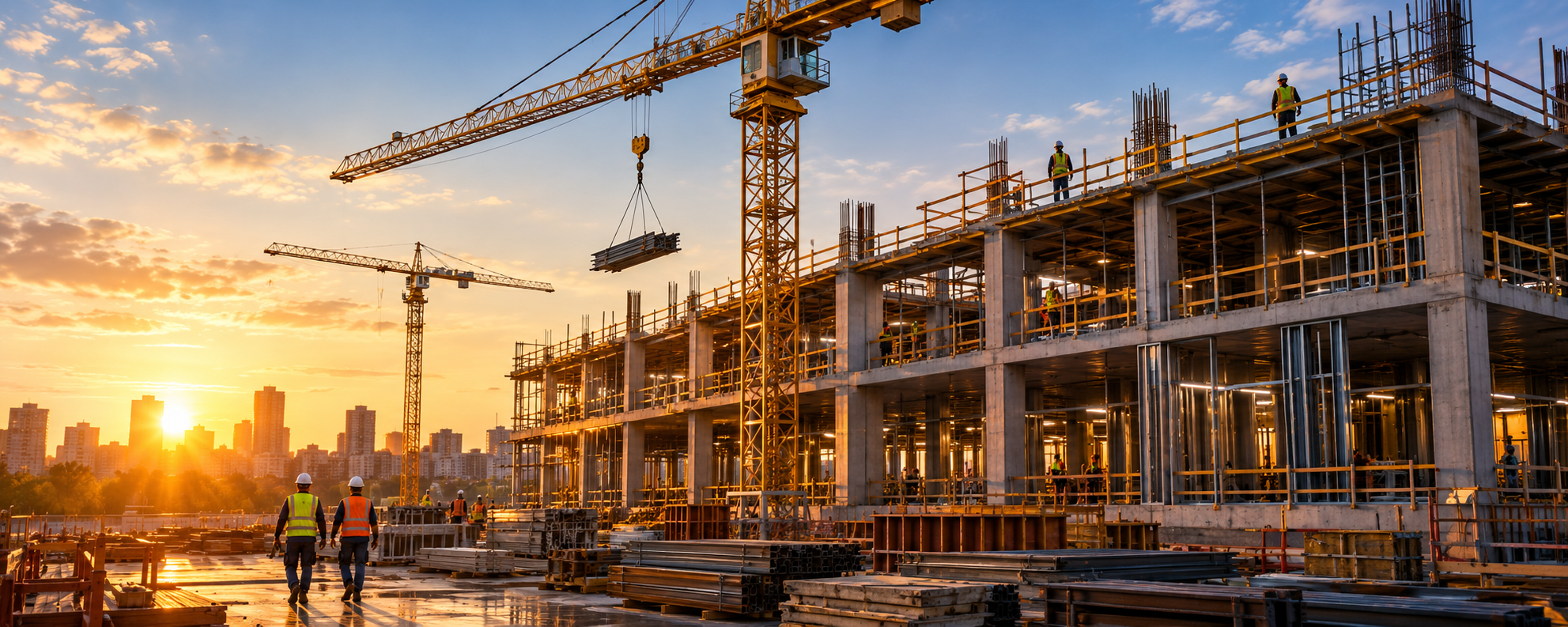 Cranes and workers at a building site under construction