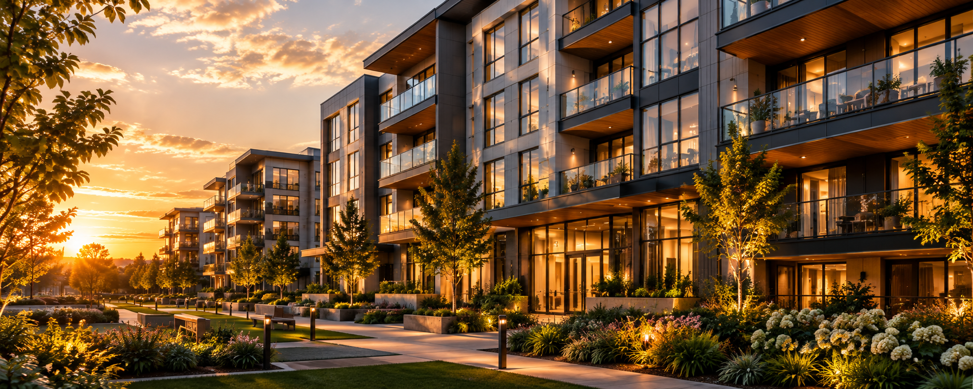 Apartment buildings and landscaped grounds at sunset
