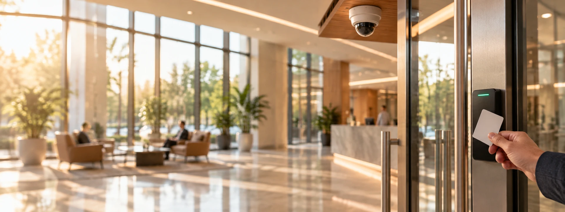Sunlit commercial lobby with a card swipe at the entrance and a security camera overhead